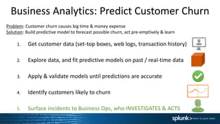 Business Analytics: Predict Customer Churn
Problem: Customer churn causes big time & money expense
Solution: Build predictive model to forecast possible churn, act pre-emptively & learn
1. Get customer data (set-top boxes, web logs, transaction history)
2. Explore data, and fit predictive models on past / real-time data
3. Apply & validate models until predictions are accurate
4. Identify customers likely to churn
5. Surface incidents to Business Ops, who INVESTIGATES & ACTS
 