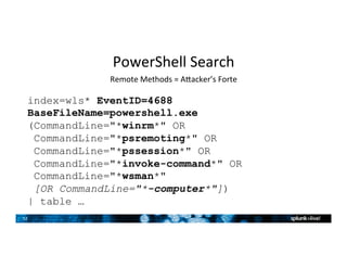 32	
PowerShell	Search	
Remote	Methods	=	Auacker’s	Forte	
index=wls* EventID=4688
BaseFileName=powershell.exe
(CommandLine=...