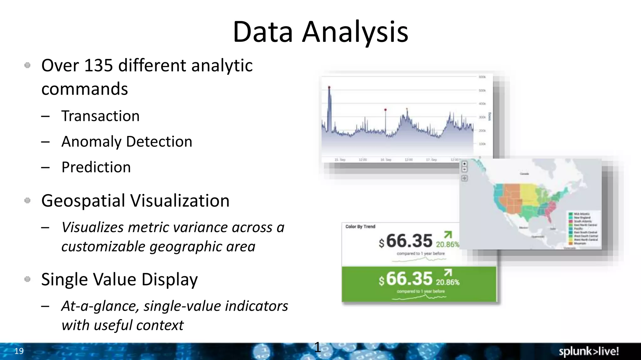 19
Data Analysis
Over 135 different analytic
commands
– Transaction
– Anomaly Detection
– Prediction
Geospatial Visualization
– Visualizes metric variance across a
customizable geographic area
Single Value Display
– At-a-glance, single-value indicators
with useful context
1
 