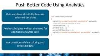 Grigori Melnik, Principal Product Manager – Splunk Developer Platform
Gain end-to-end visibility to make
informed decisions
Analytics insights without the need for
additional analytics tools
Ask questions while exploring and
collecting data
Push Better Code Using Analytics
8
 