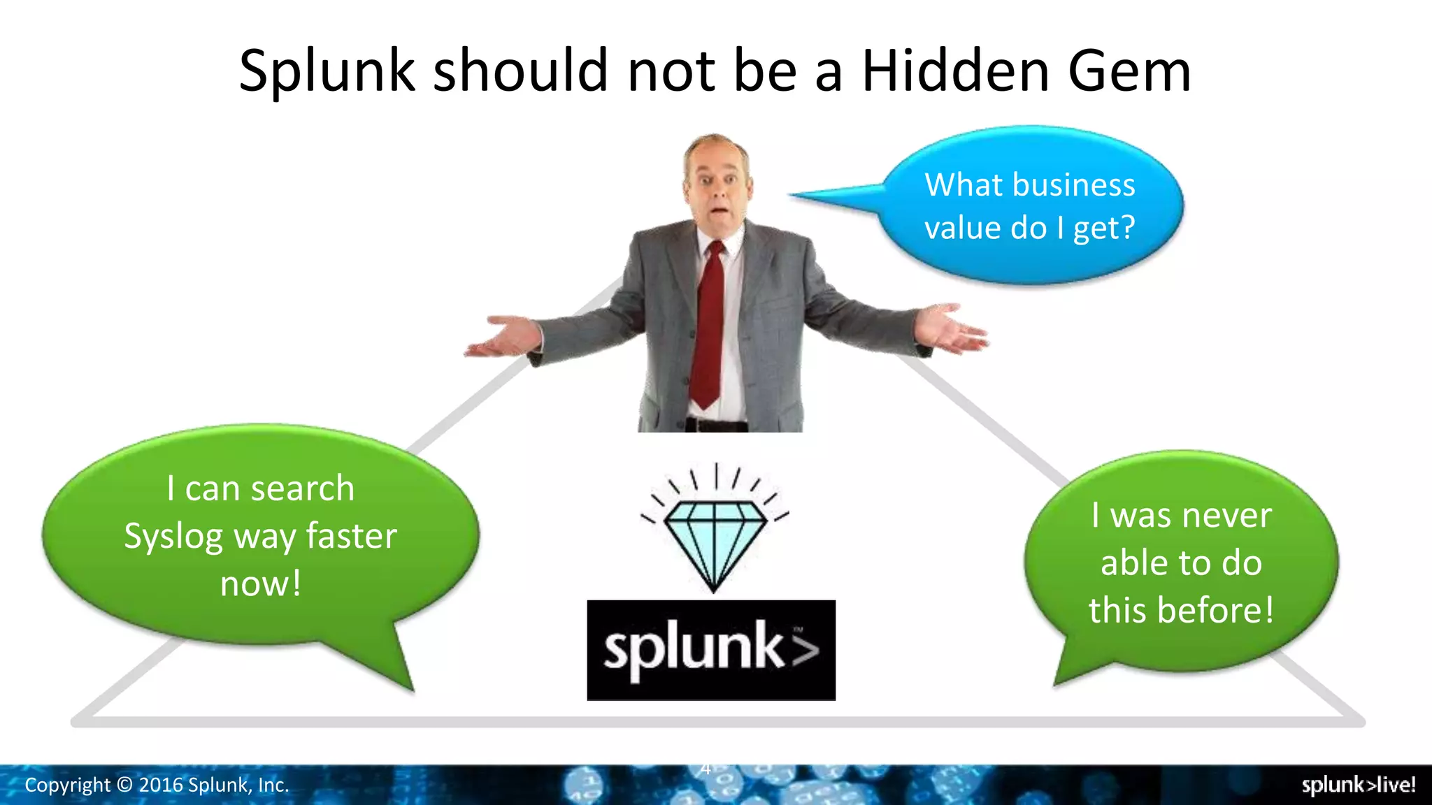 Copyright © 2016 Splunk, Inc.
Splunk should not be a Hidden Gem
4
I was never
able to do
this before!
What business
value do I get?
I can search
Syslog way faster
now!
 