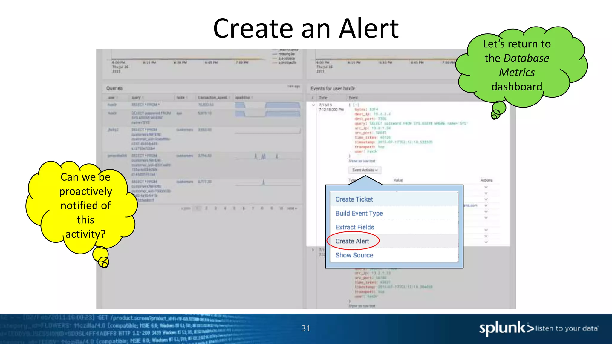 Create an Alert
31
Can we be
proactively
notified of
this
activity?
Let’s return to
the Database
Metrics
dashboard
 