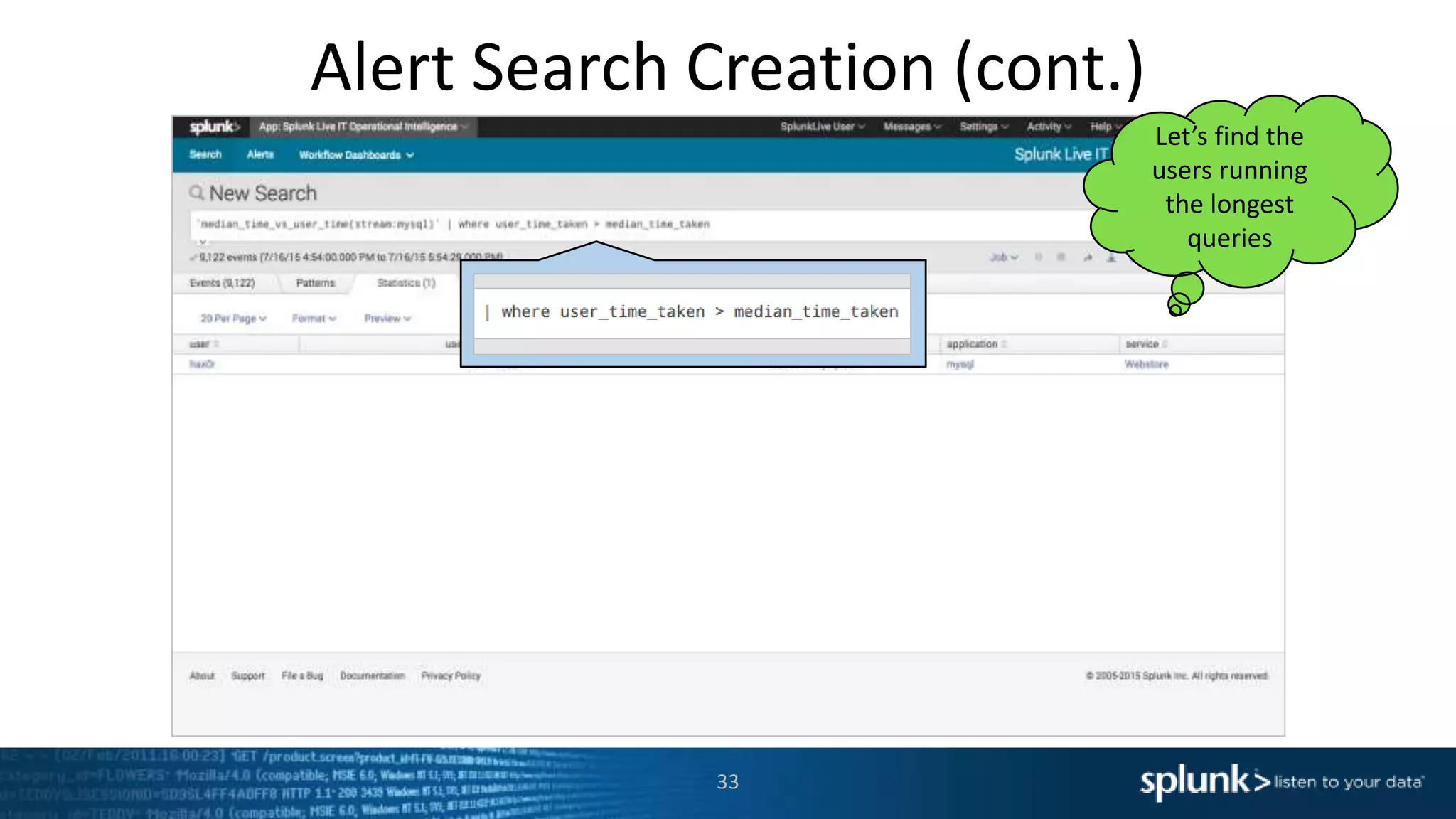 Alert Search Creation (cont.)
33
Let’s find the
users running
the longest
queries
 