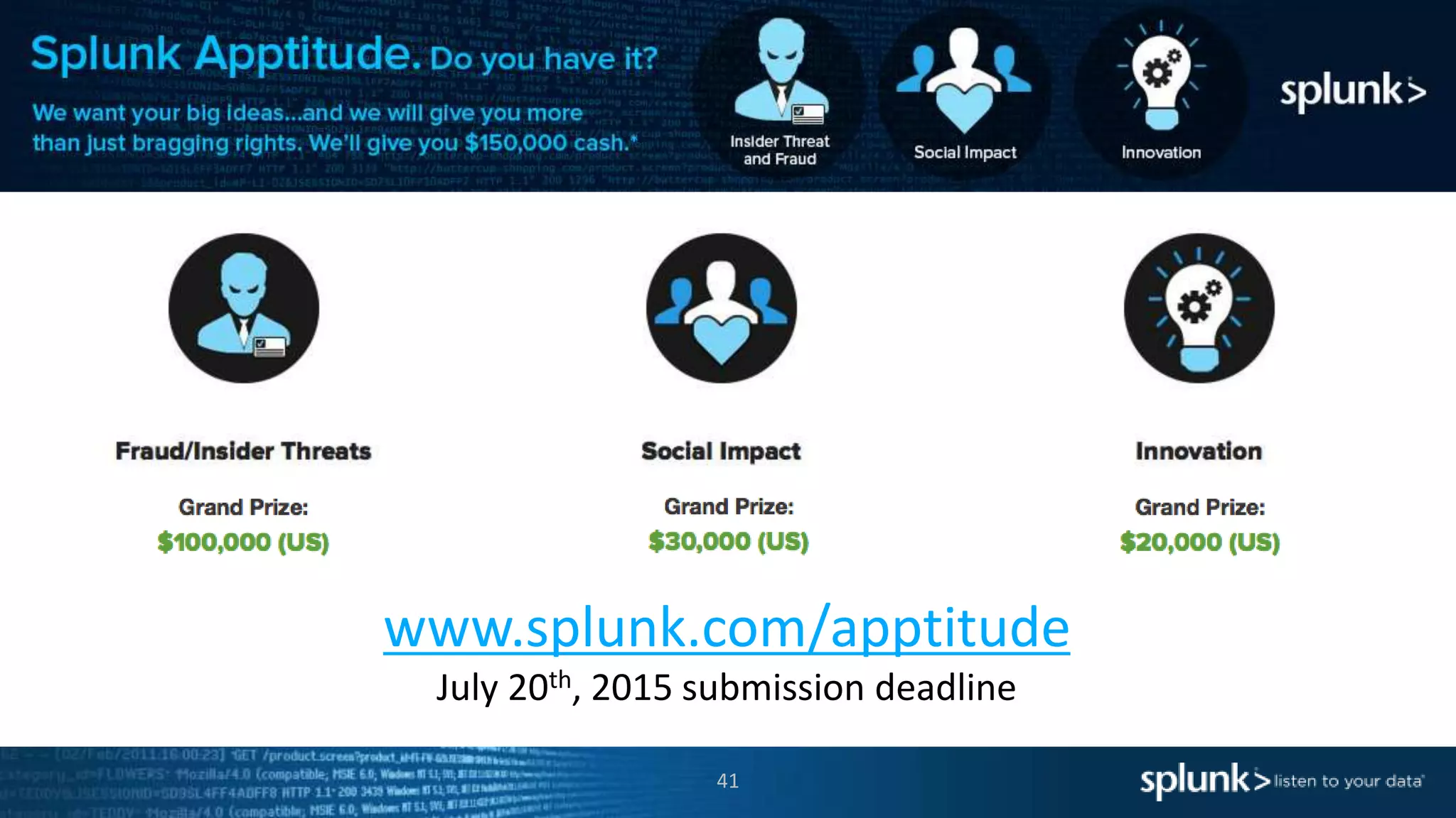 41
www.splunk.com/apptitude
July 20th, 2015 submission deadline
 