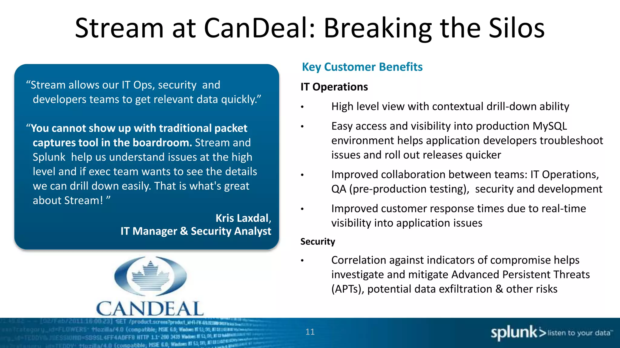 Stream at CanDeal: Breaking the Silos
Kris Laxdal,
IT Manager & Security Analyst
“Stream allows our IT Ops, security and
developers teams to get relevant data quickly.”
“You cannot show up with traditional packet
captures tool in the boardroom. Stream and
Splunk help us understand issues at the high
level and if exec team wants to see the details
we can drill down easily. That is what's great
about Stream! ”
IT Operations
• High level view with contextual drill-down ability
• Easy access and visibility into production MySQL
environment helps application developers troubleshoot
issues and roll out releases quicker
• Improved collaboration between teams: IT Operations,
QA (pre-production testing), security and development
• Improved customer response times due to real-time
visibility into application issues
Security
• Correlation against indicators of compromise helps
investigate and mitigate Advanced Persistent Threats
(APTs), potential data exfiltration & other risks
Key Customer Benefits
11
 