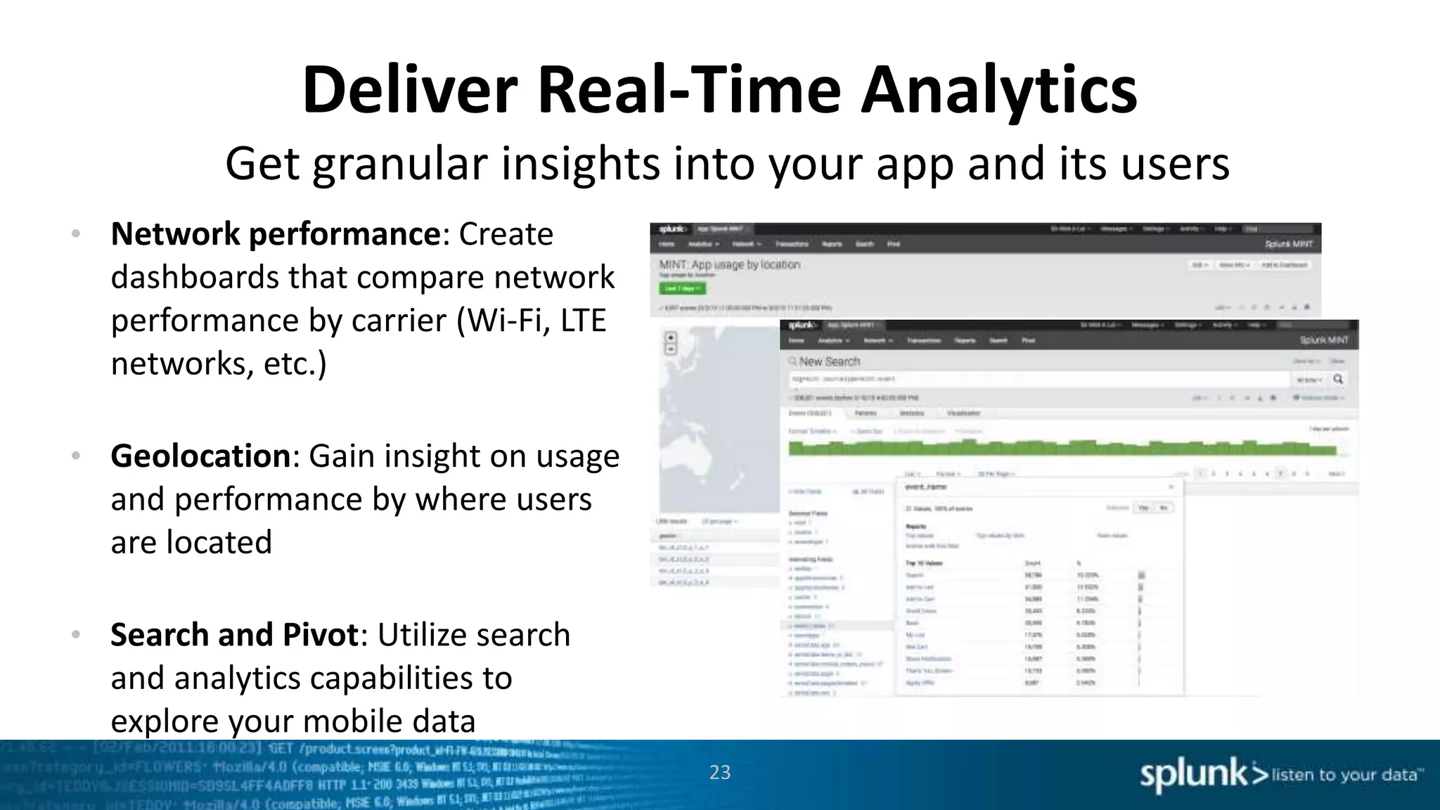 Deliver Real-Time Analytics
• Network performance: Create
dashboards that compare network
performance by carrier (Wi-Fi, LTE
networks, etc.)
• Geolocation: Gain insight on usage
and performance by where users
are located
• Search and Pivot: Utilize search
and analytics capabilities to
explore your mobile data
23
Get granular insights into your app and its users
 