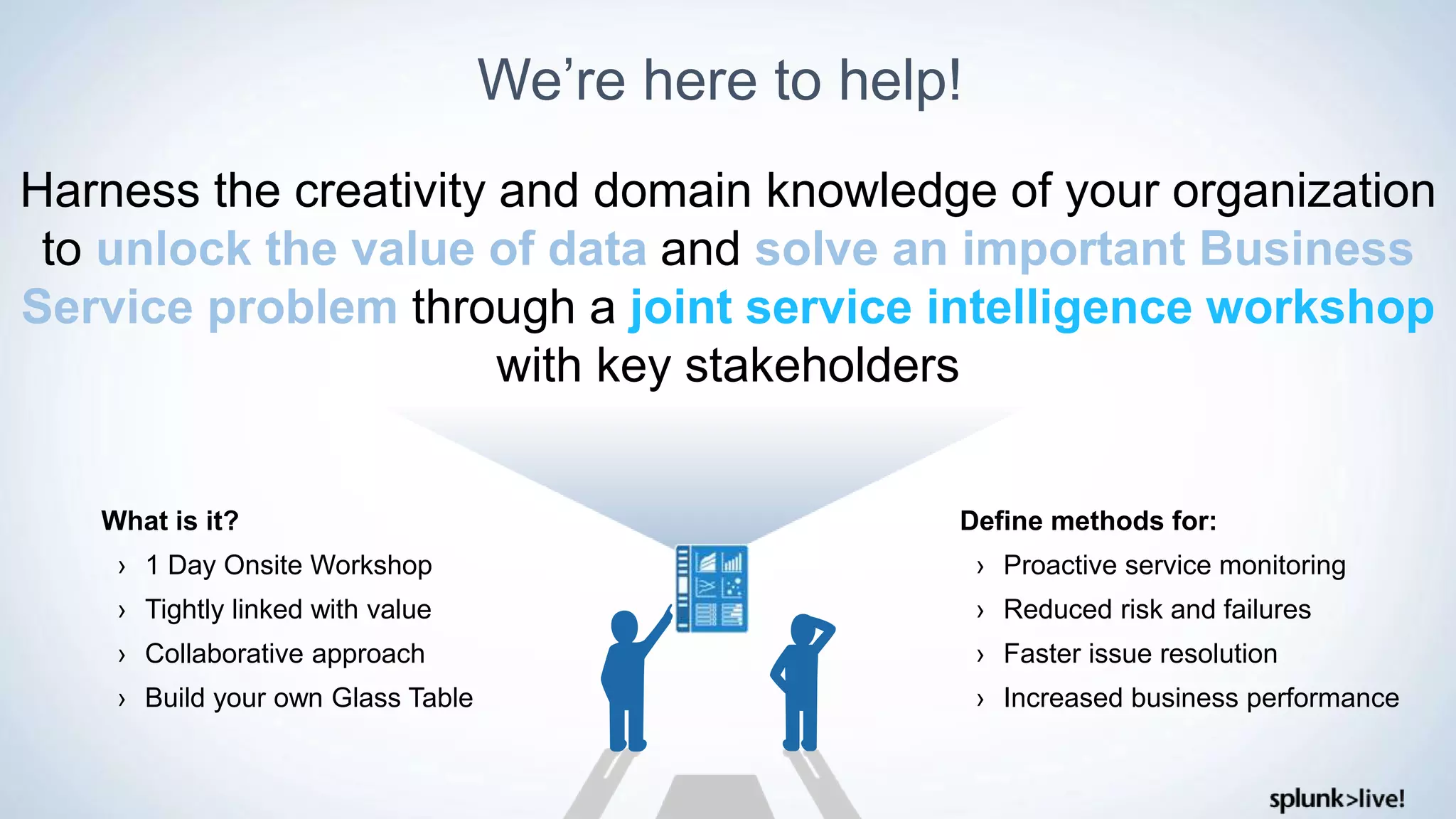 We’re here to help!
Harness the creativity and domain knowledge of your organization
to unlock the value of data and solve an important Business
Service problem through a joint service intelligence workshop
with key stakeholders
Define methods for:
› Proactive service monitoring
› Reduced risk and failures
› Faster issue resolution
› Increased business performance
What is it?
› 1 Day Onsite Workshop
› Tightly linked with value
› Collaborative approach
› Build your own Glass Table
 