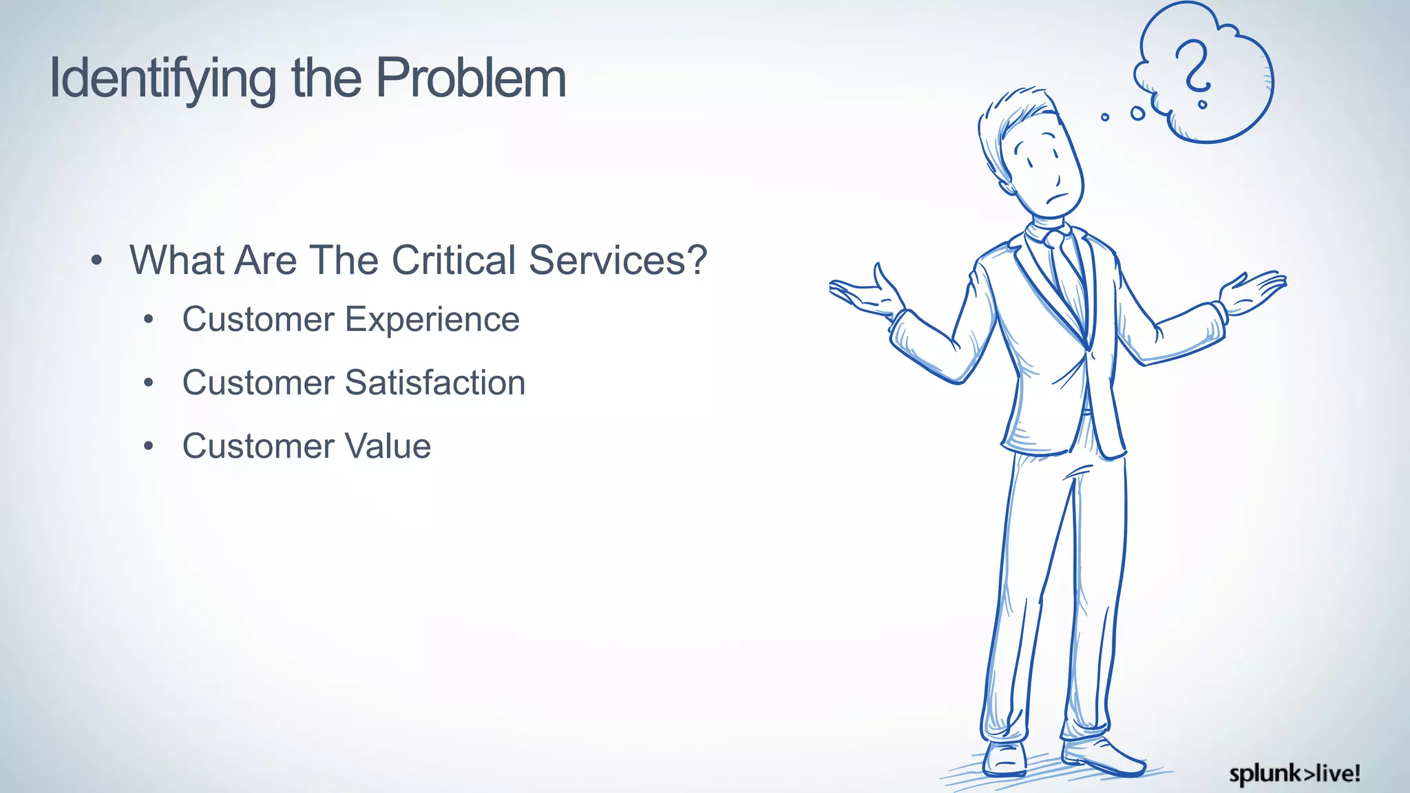 Identifying the Problem
• What Are The Critical Services?
• Customer Experience
• Customer Satisfaction
• Customer Value
 