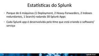 10 
EstawsTcas 
do 
Splunk 
! Parque 
de 
6 
máquinas 
(1 
Deployment, 
2 
Heavy-­‐Forwarders, 
2 
Indexes 
redundantes, 
1 
Search) 
rodando 
30 
Splunk 
Apps 
! Cada 
Splunk 
app 
é 
desenvolvida 
pelo 
Tme 
que 
está 
criando 
o 
soBware/ 
serviço 
 