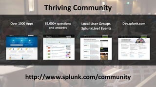 Dev.splunk.com65,000+ questions
and answers
Over 1000 Apps Local User Groups
SplunkLive! Events
Thriving Community
http://www.splunk.com/community
 