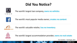 9
Did You Notice?
Tom Goodwin – TechTarget, 2015
The world’s largest taxi company, owns no vehicles
The world’s most popular media owner, creates no content
The world’s valuable retailer, has no inventory
The world’s largest accommodation provider, owns no real estate
 