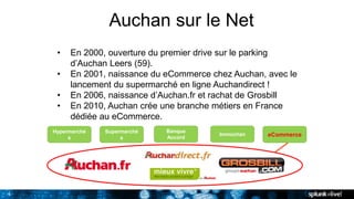 4
4
Auchan sur le Net
• En 2000, ouverture du premier drive sur le parking
d’Auchan Leers (59).
• En 2001, naissance du eCommerce chez Auchan, avec le
lancement du supermarché en ligne Auchandirect !
• En 2006, naissance d’Auchan.fr et rachat de Grosbill
• En 2010, Auchan crée une branche métiers en France
dédiée au eCommerce.
Hypermarché
s
Supermarché
s
Immochan eCommerce
Banque
Accord
 