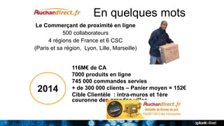 7
En quelques mots
Le Commerçant de proximité en ligne
500 collaborateurs
4 régions de France et 6 CSC
(Paris et sa région, Lyon, Lille, Marseille)
116M€ de CA
7000 produits en ligne
745 000 commandes servies
+ de 300 000 clients – Panier moyen = 152€
Cible Clientèle : intra-muros et 1ère
couronne des grandes villes
2014
 