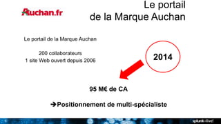 8
Le portail
de la Marque Auchan
Le portail de la Marque Auchan
200 collaborateurs
1 site Web ouvert depuis 2006
95 M€ de CA
Positionnement de multi-spécialiste
2014
 