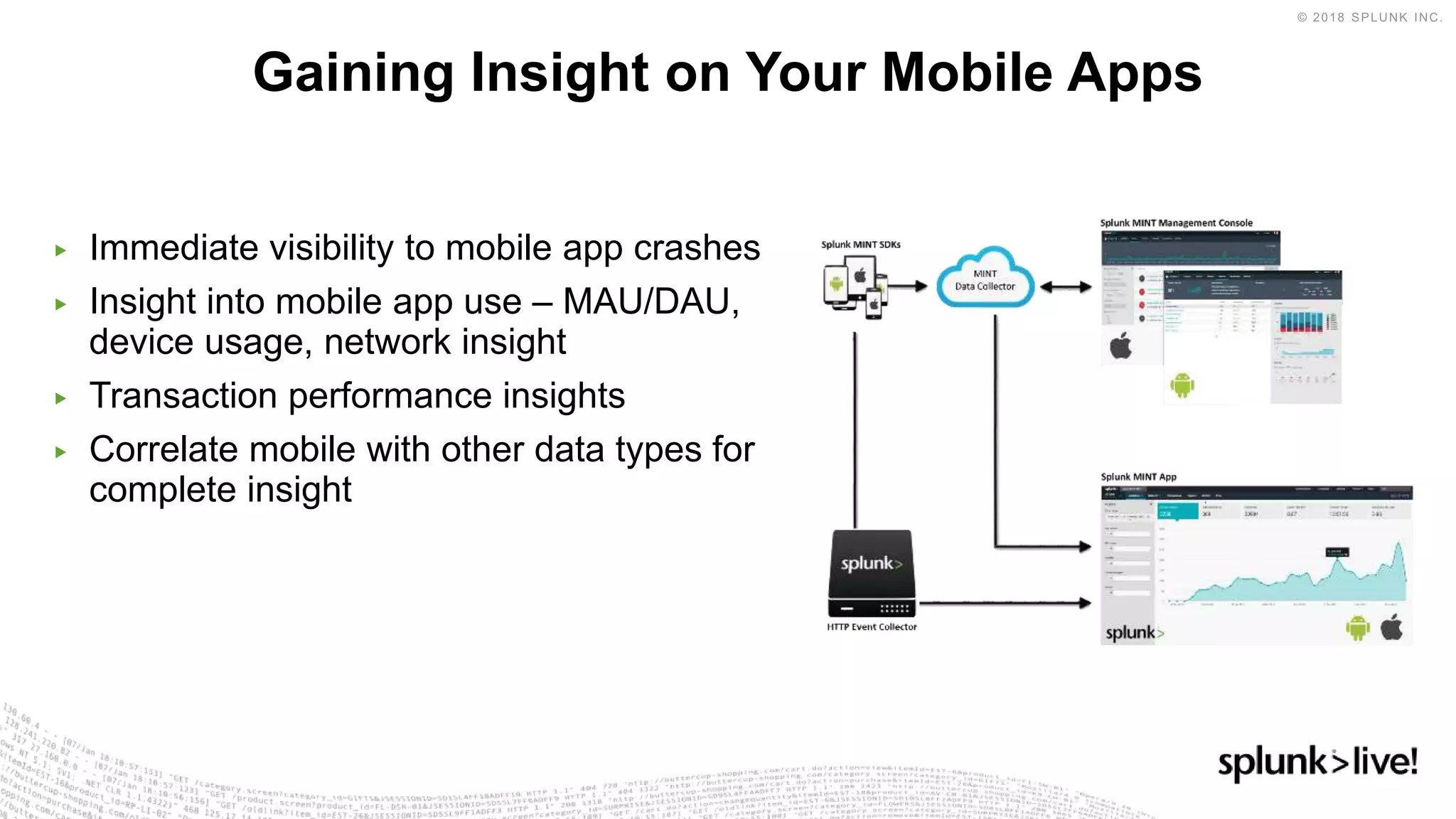 ▶ Immediate visibility to mobile app crashes
▶ Insight into mobile app use – MAU/DAU,
device usage, network insight
▶ Transaction performance insights
▶ Correlate mobile with other data types for
complete insight
Gaining Insight on Your Mobile Apps
 
