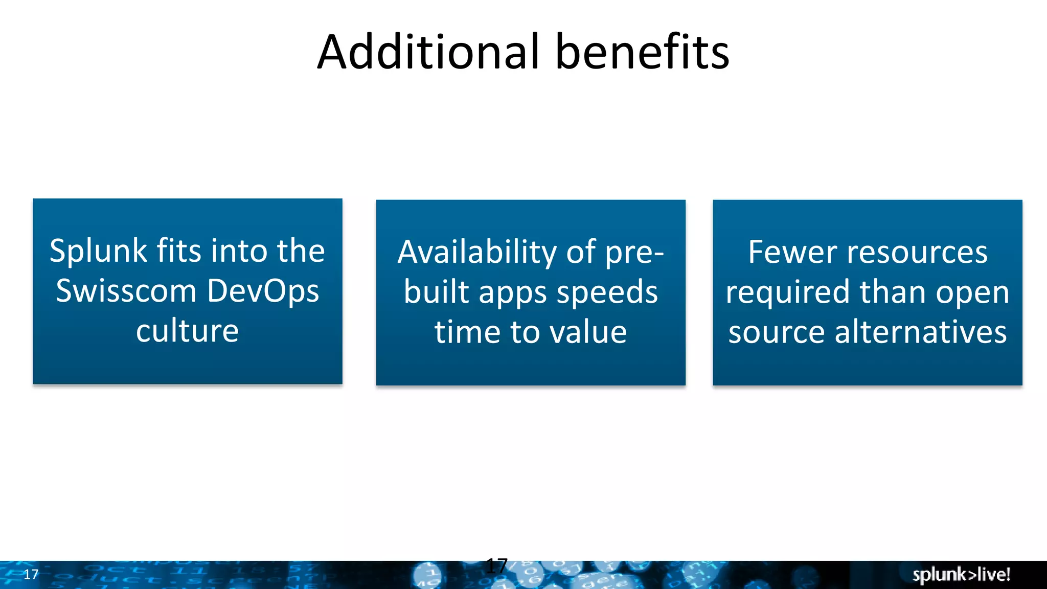 17
Additional benefits
Splunk fits into the
Swisscom DevOps
culture
Fewer resources
required than open
source alternatives
Availability of pre-
built apps speeds
time to value
17
 