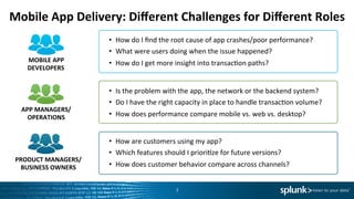 Mobile	
  App	
  Delivery:	
  Diﬀerent	
  Challenges	
  for	
  Diﬀerent	
  Roles	
  
3	
  
•  How	
  do	
  I	
  ﬁnd	
  the	
  root	
  cause	
  of	
  app	
  crashes/poor	
  performance?	
  
•  What	
  were	
  users	
  doing	
  when	
  the	
  issue	
  happened?	
  
•  How	
  do	
  I	
  get	
  more	
  insight	
  into	
  transacLon	
  paths?	
  
•  Is	
  the	
  problem	
  with	
  the	
  app,	
  the	
  network	
  or	
  the	
  backend	
  system?	
  
•  Do	
  I	
  have	
  the	
  right	
  capacity	
  in	
  place	
  to	
  handle	
  transacLon	
  volume?	
  
•  How	
  does	
  performance	
  compare	
  mobile	
  vs.	
  web	
  vs.	
  desktop?	
  
•  How	
  are	
  customers	
  using	
  my	
  app?	
  
•  Which	
  features	
  should	
  I	
  prioriLze	
  for	
  future	
  versions?	
  
•  How	
  does	
  customer	
  behavior	
  compare	
  across	
  channels?	
  
APP	
  MANAGERS/	
  
OPERATIONS	
  
PRODUCT	
  MANAGERS/	
  
BUSINESS	
  OWNERS	
  
MOBILE	
  APP	
  	
  
DEVELOPERS	
  
 