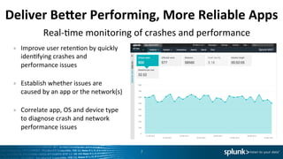 Deliver	
  BeTer	
  Performing,	
  More	
  Reliable	
  Apps	
  
•  Improve	
  user	
  retenLon	
  by	
  quickly	
  
idenLfying	
  crashes	
  and	
  
performance	
  issues	
  
	
  
•  Establish	
  whether	
  issues	
  are	
  
caused	
  by	
  an	
  app	
  or	
  the	
  network(s)	
  	
  
	
  
•  Correlate	
  app,	
  OS	
  and	
  device	
  type	
  
to	
  diagnose	
  crash	
  and	
  network	
  
performance	
  issues	
  	
  
7	
  
Real-­‐Lme	
  monitoring	
  of	
  crashes	
  and	
  performance	
  
 