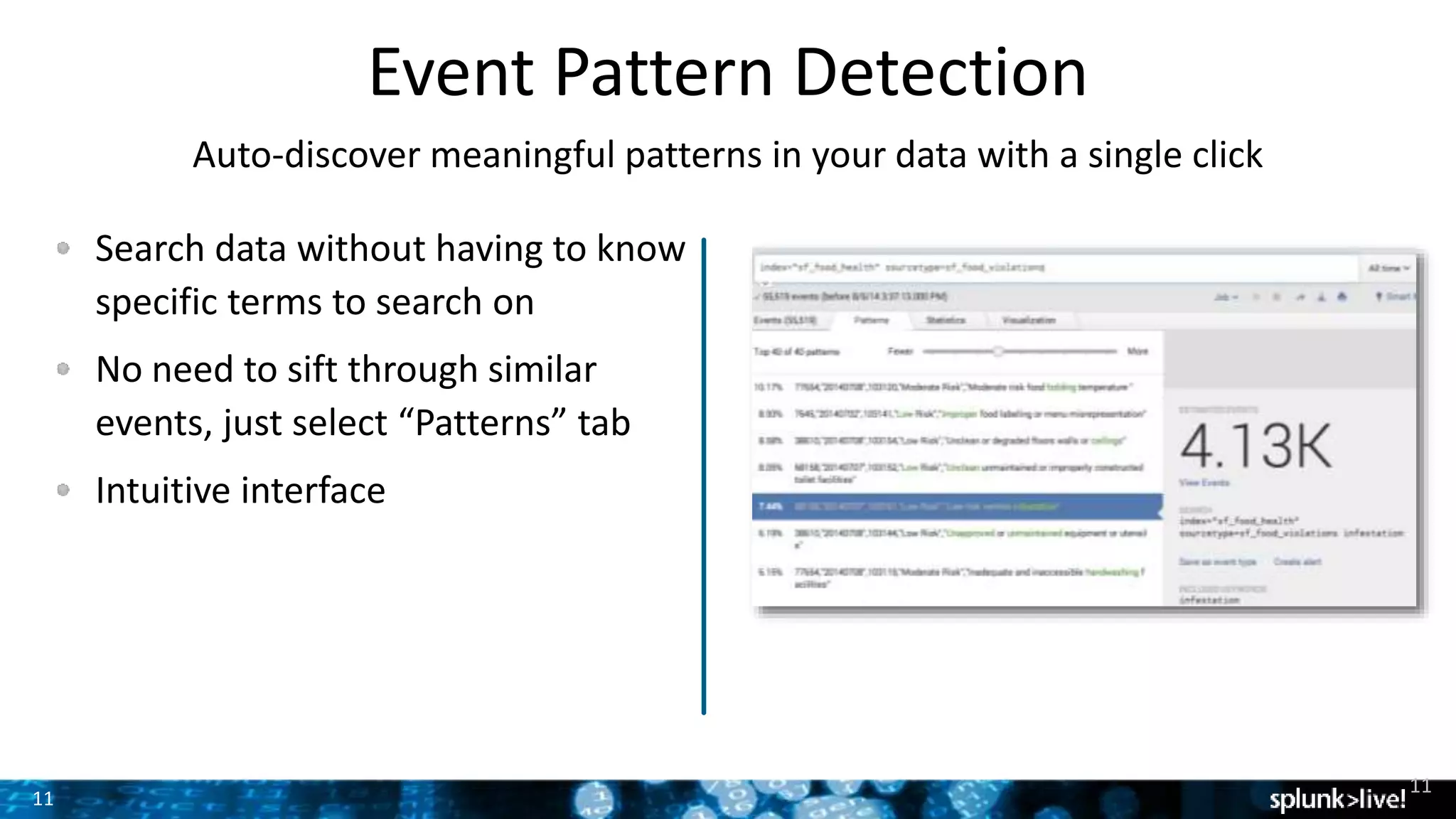 11
Event Pattern Detection
Auto-discover meaningful patterns in your data with a single click
Search data without having to know
specific terms to search on
No need to sift through similar
events, just select “Patterns” tab
Intuitive interface
11
Screenshot or Image
suggestion
 
