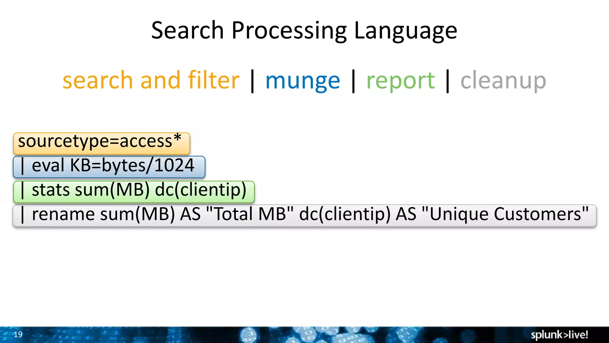 19
search and filter | munge | report | cleanup
Search Processing Language
sourcetype=access*
| eval KB=bytes/1024
| stats sum(MB) dc(clientip)
| rename sum(MB) AS "Total MB" dc(clientip) AS "Unique Customers"
 