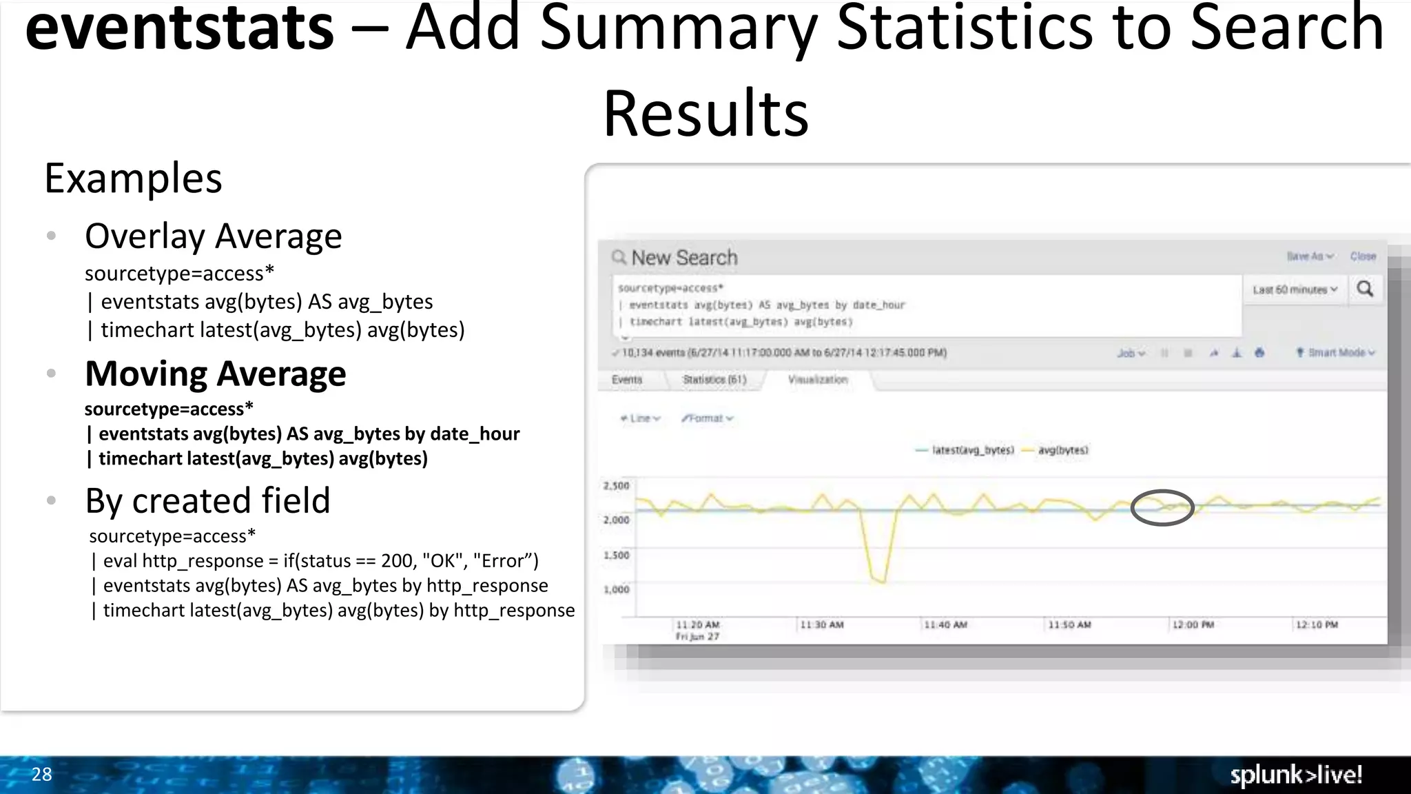28
Examples
• Overlay Average
sourcetype=access*
| eventstats avg(bytes) AS avg_bytes
| timechart latest(avg_bytes) avg(bytes)
• Moving Average
sourcetype=access*
| eventstats avg(bytes) AS avg_bytes by date_hour
| timechart latest(avg_bytes) avg(bytes)
• By created field
sourcetype=access*
| eval http_response = if(status == 200, "OK", "Error”)
| eventstats avg(bytes) AS avg_bytes by http_response
| timechart latest(avg_bytes) avg(bytes) by http_response
eventstats – Add Summary Statistics to Search
Results
 