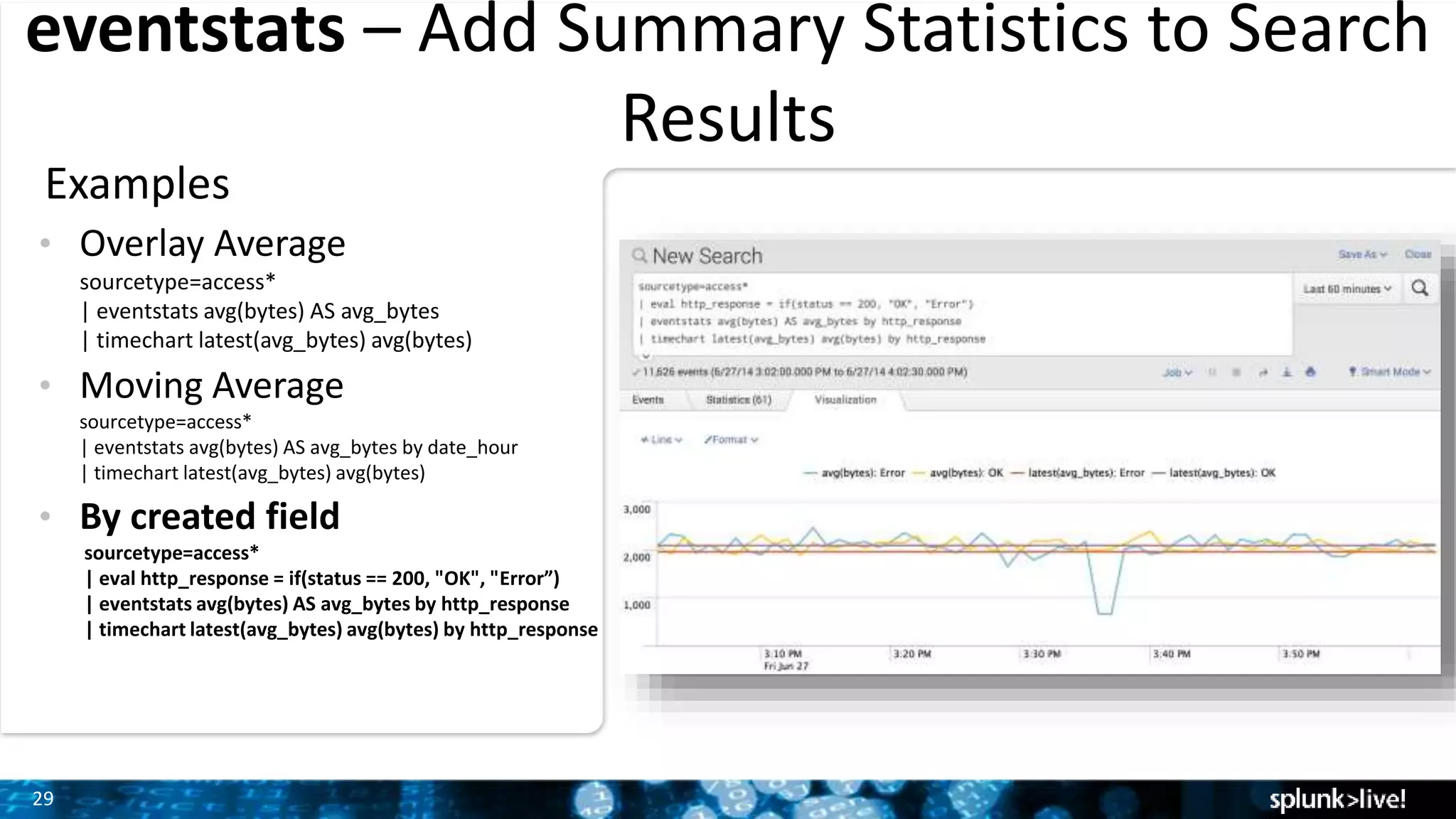 29
eventstats – Add Summary Statistics to Search
Results
Examples
• Overlay Average
sourcetype=access*
| eventstats avg(bytes) AS avg_bytes
| timechart latest(avg_bytes) avg(bytes)
• Moving Average
sourcetype=access*
| eventstats avg(bytes) AS avg_bytes by date_hour
| timechart latest(avg_bytes) avg(bytes)
• By created field
sourcetype=access*
| eval http_response = if(status == 200, "OK", "Error”)
| eventstats avg(bytes) AS avg_bytes by http_response
| timechart latest(avg_bytes) avg(bytes) by http_response
 