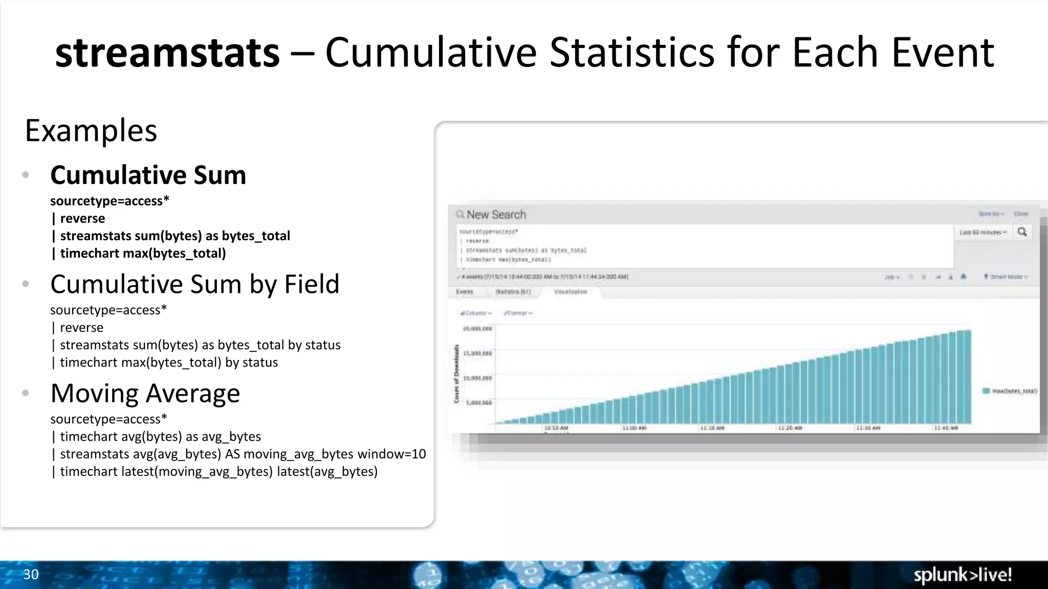 30
streamstats – Cumulative Statistics for Each Event
Examples
• Cumulative Sum
sourcetype=access*
| reverse
| streamstats sum(bytes) as bytes_total
| timechart max(bytes_total)
• Cumulative Sum by Field
sourcetype=access*
| reverse
| streamstats sum(bytes) as bytes_total by status
| timechart max(bytes_total) by status
• Moving Average
sourcetype=access*
| timechart avg(bytes) as avg_bytes
| streamstats avg(avg_bytes) AS moving_avg_bytes window=10
| timechart latest(moving_avg_bytes) latest(avg_bytes)
 