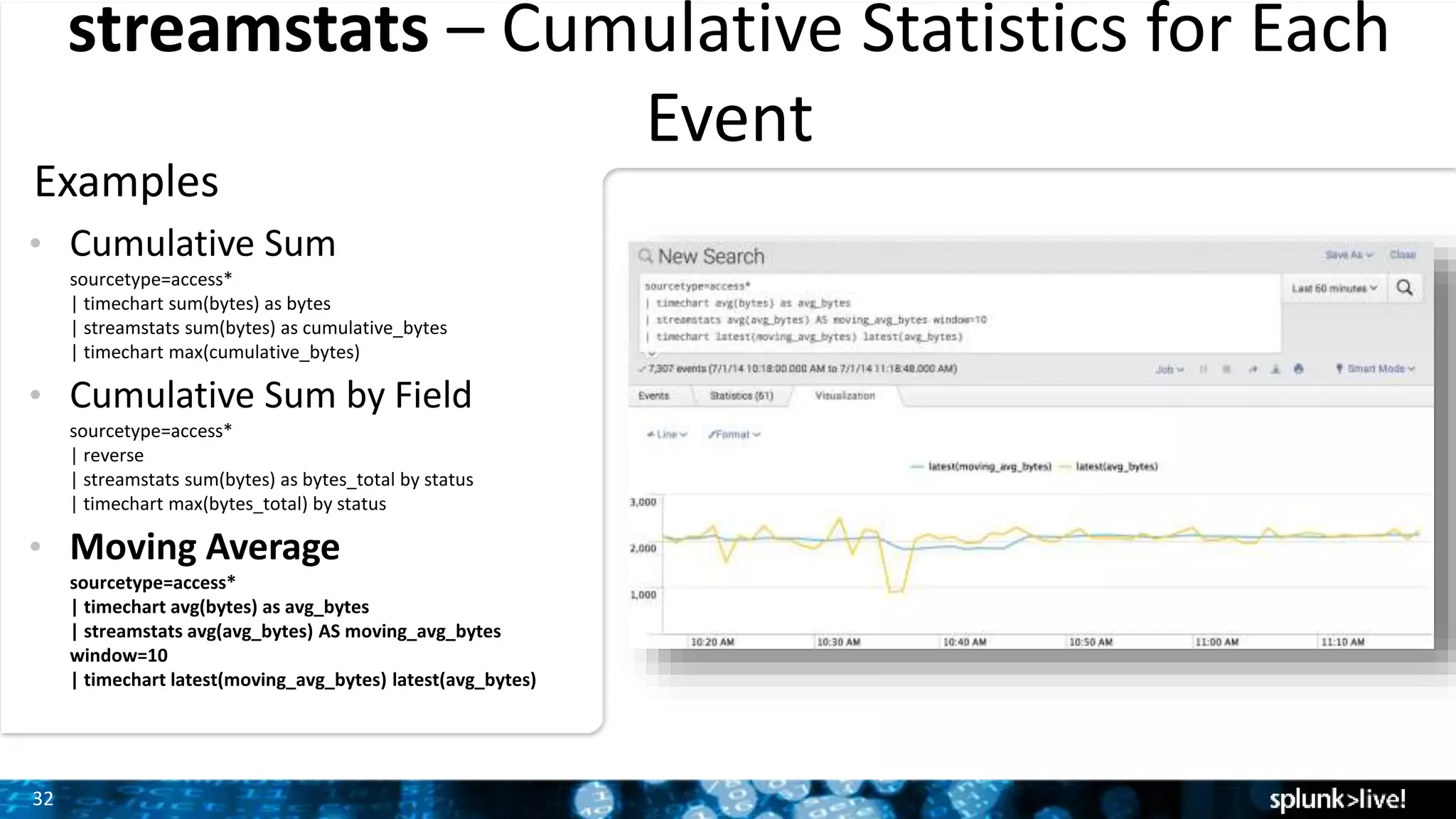 32
streamstats – Cumulative Statistics for Each
Event
Examples
• Cumulative Sum
sourcetype=access*
| timechart sum(bytes) as bytes
| streamstats sum(bytes) as cumulative_bytes
| timechart max(cumulative_bytes)
• Cumulative Sum by Field
sourcetype=access*
| reverse
| streamstats sum(bytes) as bytes_total by status
| timechart max(bytes_total) by status
• Moving Average
sourcetype=access*
| timechart avg(bytes) as avg_bytes
| streamstats avg(avg_bytes) AS moving_avg_bytes
window=10
| timechart latest(moving_avg_bytes) latest(avg_bytes)
 