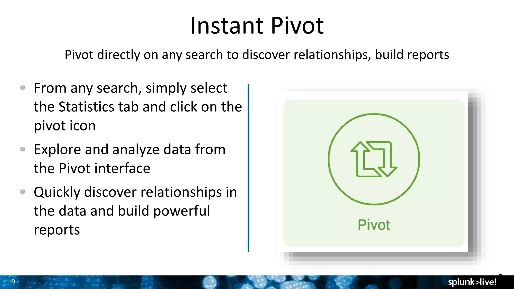 9
Instant Pivot
Pivot directly on any search to discover relationships, build reports
From any search, simply select
the Statistics tab and click on the
pivot icon
Explore and analyze data from
the Pivot interface
Quickly discover relationships in
the data and build powerful
reports
9
 