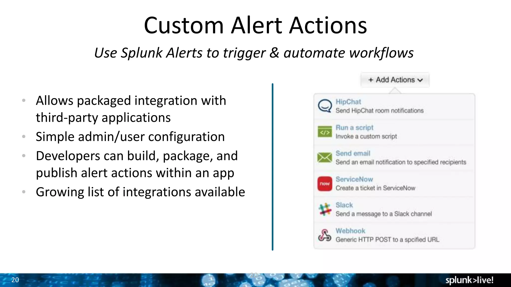 20
Custom Alert Actions
Use Splunk Alerts to trigger & automate workflows
• Allows packaged integration with
third-party applications
• Simple admin/user configuration
• Developers can build, package, and
publish alert actions within an app
• Growing list of integrations available
20
 