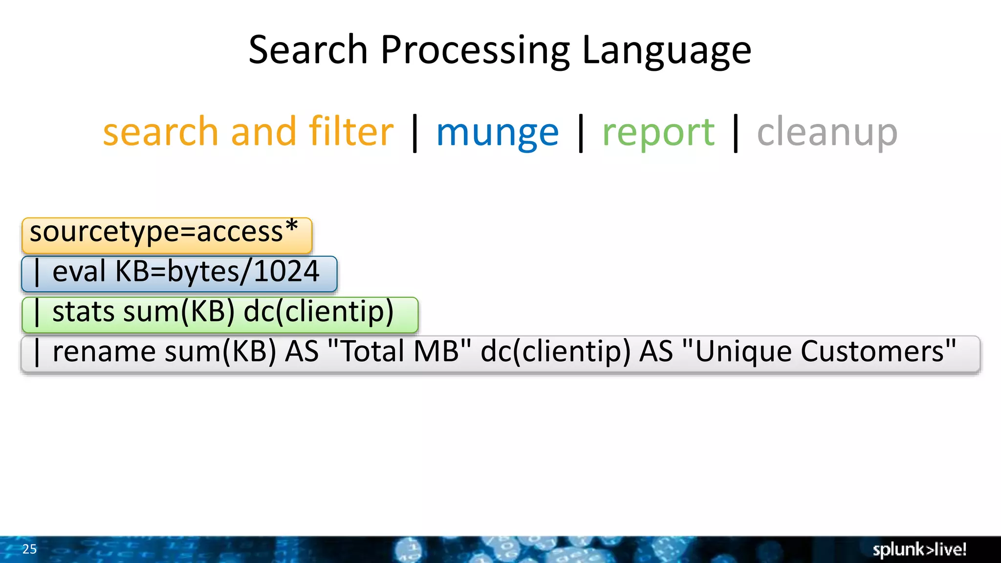 25
search and filter | munge | report | cleanup
Search Processing Language
sourcetype=access*
| eval KB=bytes/1024
| stats sum(KB) dc(clientip)
| rename sum(KB) AS "Total MB" dc(clientip) AS "Unique Customers"
 