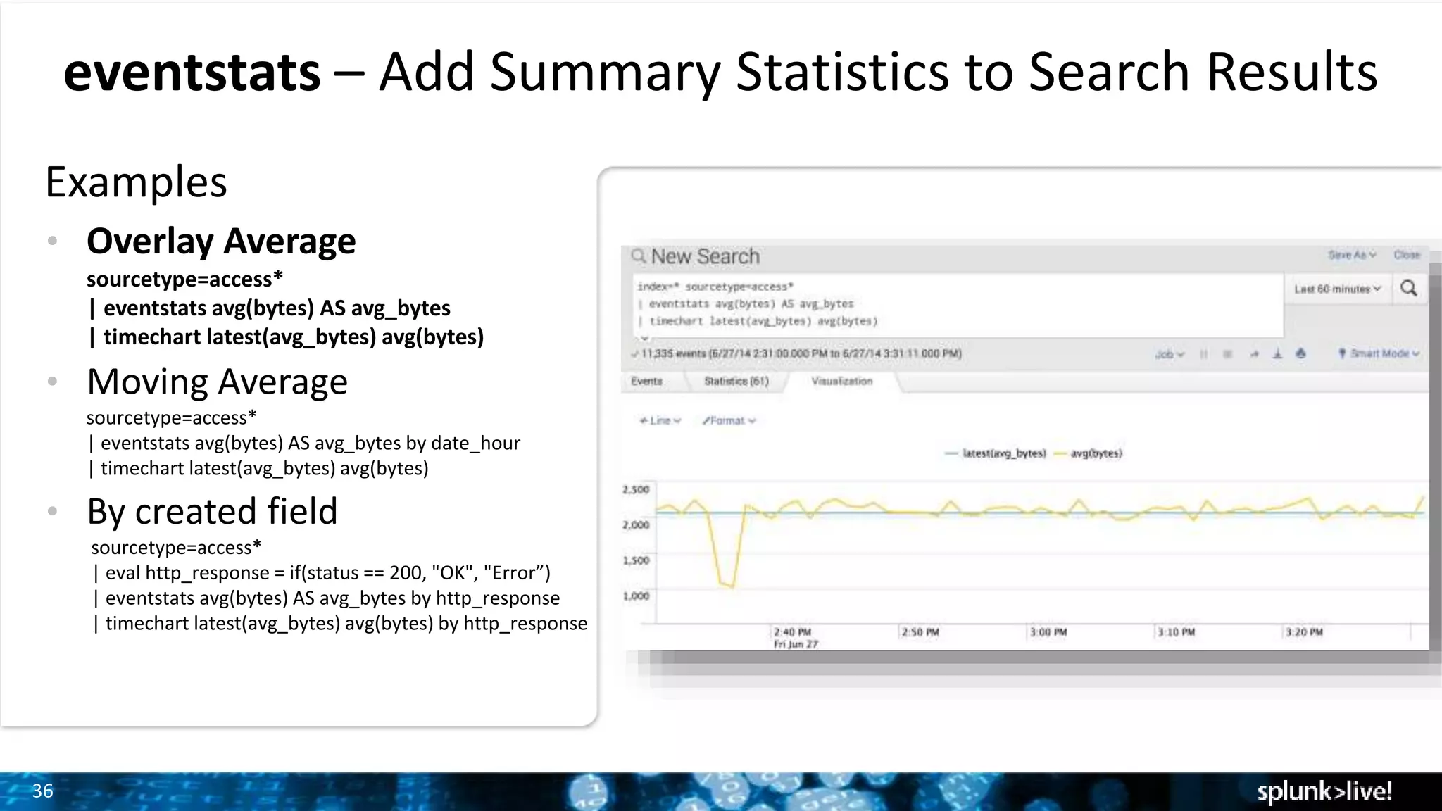 36
eventstats – Add Summary Statistics to Search Results
Examples
• Overlay Average
sourcetype=access*
| eventstats avg(bytes) AS avg_bytes
| timechart latest(avg_bytes) avg(bytes)
• Moving Average
sourcetype=access*
| eventstats avg(bytes) AS avg_bytes by date_hour
| timechart latest(avg_bytes) avg(bytes)
• By created field
sourcetype=access*
| eval http_response = if(status == 200, "OK", "Error”)
| eventstats avg(bytes) AS avg_bytes by http_response
| timechart latest(avg_bytes) avg(bytes) by http_response
 