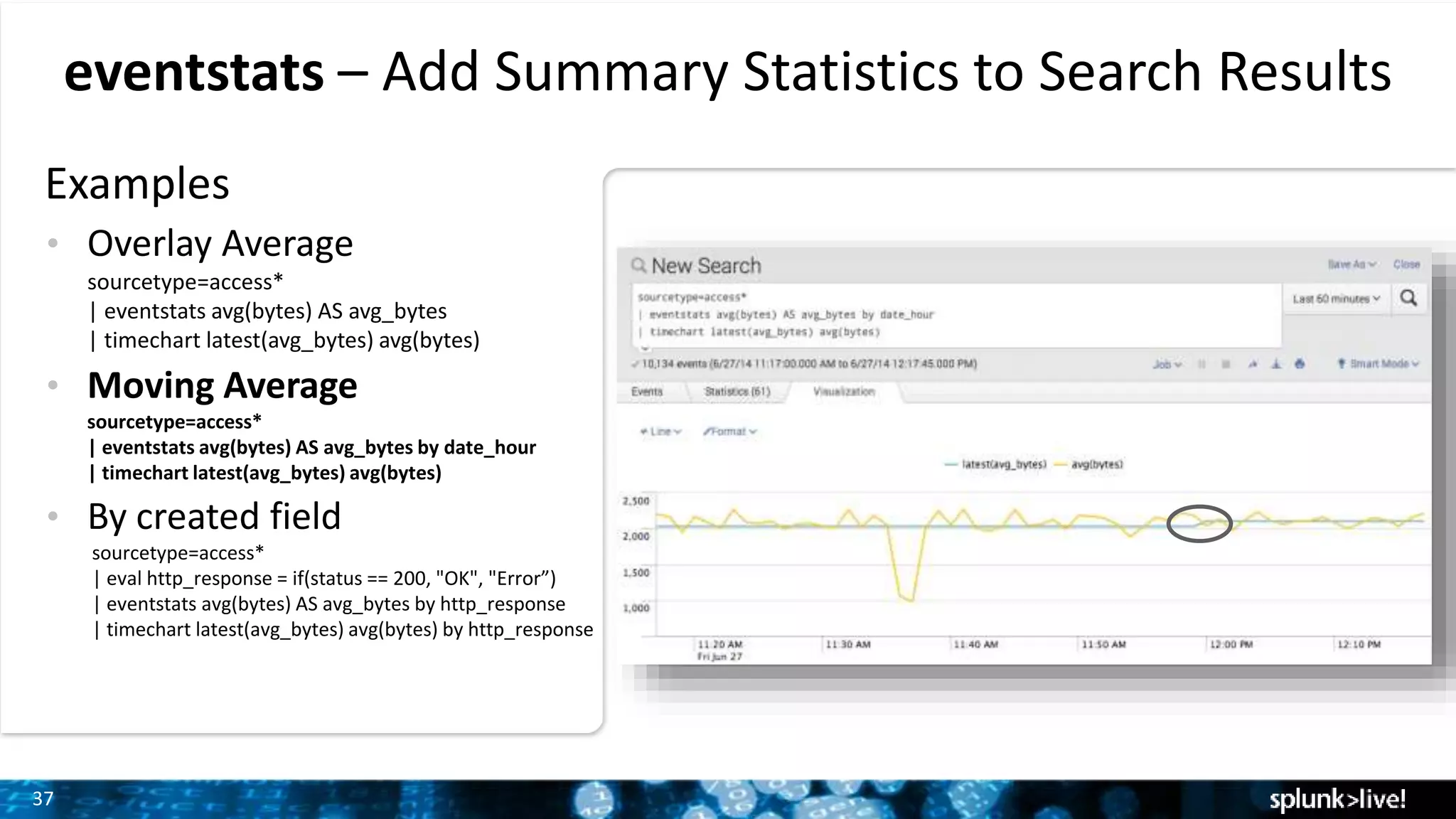 37
Examples
• Overlay Average
sourcetype=access*
| eventstats avg(bytes) AS avg_bytes
| timechart latest(avg_bytes) avg(bytes)
• Moving Average
sourcetype=access*
| eventstats avg(bytes) AS avg_bytes by date_hour
| timechart latest(avg_bytes) avg(bytes)
• By created field
sourcetype=access*
| eval http_response = if(status == 200, "OK", "Error”)
| eventstats avg(bytes) AS avg_bytes by http_response
| timechart latest(avg_bytes) avg(bytes) by http_response
eventstats – Add Summary Statistics to Search Results
 