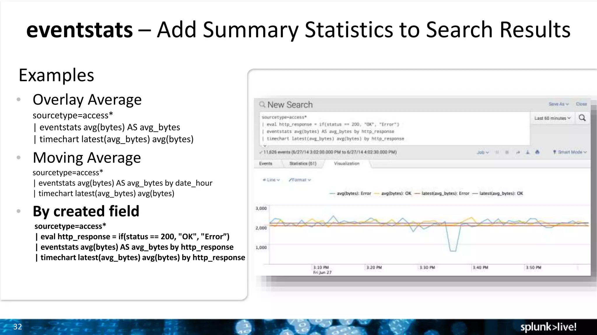 32
eventstats – Add Summary Statistics to Search Results
Examples
• Overlay Average
sourcetype=access*
| eventstats avg(bytes) AS avg_bytes
| timechart latest(avg_bytes) avg(bytes)
• Moving Average
sourcetype=access*
| eventstats avg(bytes) AS avg_bytes by date_hour
| timechart latest(avg_bytes) avg(bytes)
• By created field
sourcetype=access*
| eval http_response = if(status == 200, "OK", "Error”)
| eventstats avg(bytes) AS avg_bytes by http_response
| timechart latest(avg_bytes) avg(bytes) by http_response
 