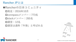 Copyright © 2017 MEC Corporation. All Rights Reserved.
Rancher JPとは
Rancherの日本コミュニティ
発足：2016年10月
connpassメンバー：773名
slackメンバー：265名
運営：12名
運営は通称「牛勢」と呼ばれる
15
 