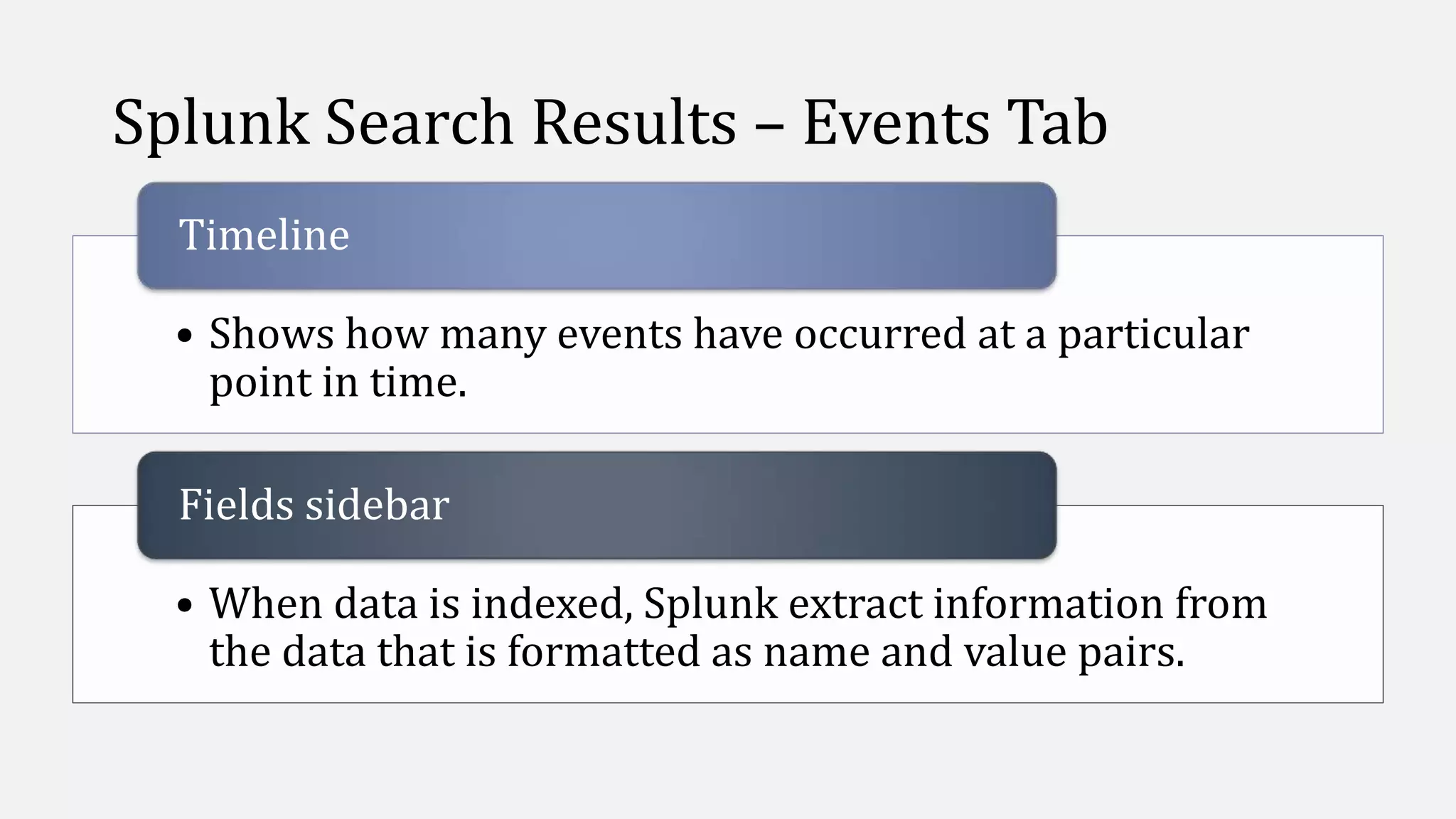 Splunk Search Results – Events Tab
• Shows how many events have occurred at a particular
point in time.
Timeline
• When data is indexed, Splunk extract information from
the data that is formatted as name and value pairs.
Fields sidebar
 