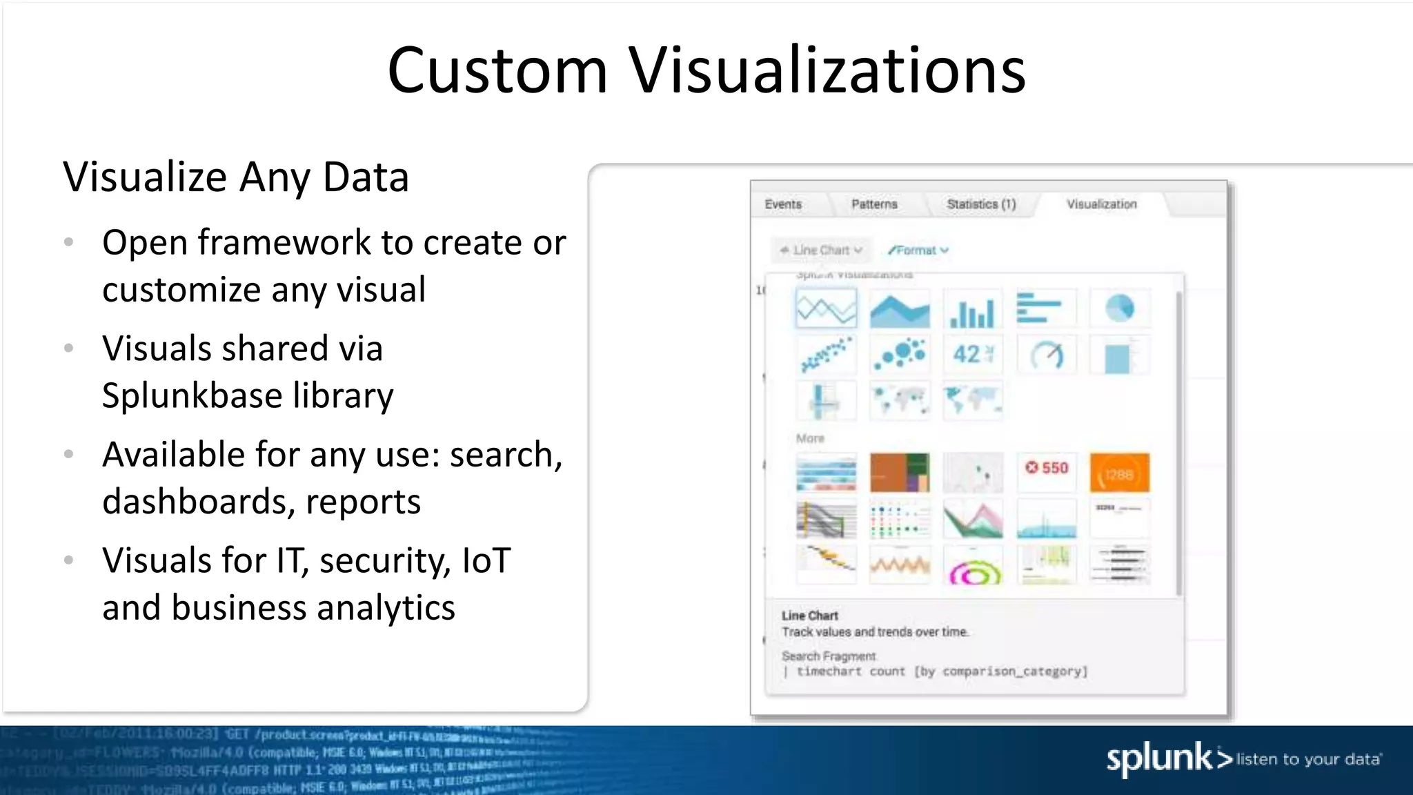 Custom Visualizations
&bull; Open framework to create or
customize any visual
&bull; Visuals shared via
Splunkbase library
&bull; Available for any use: search,
dashboards, reports
&bull; Visuals for IT, security, IoT
and business analytics
Visualize Any Data
 