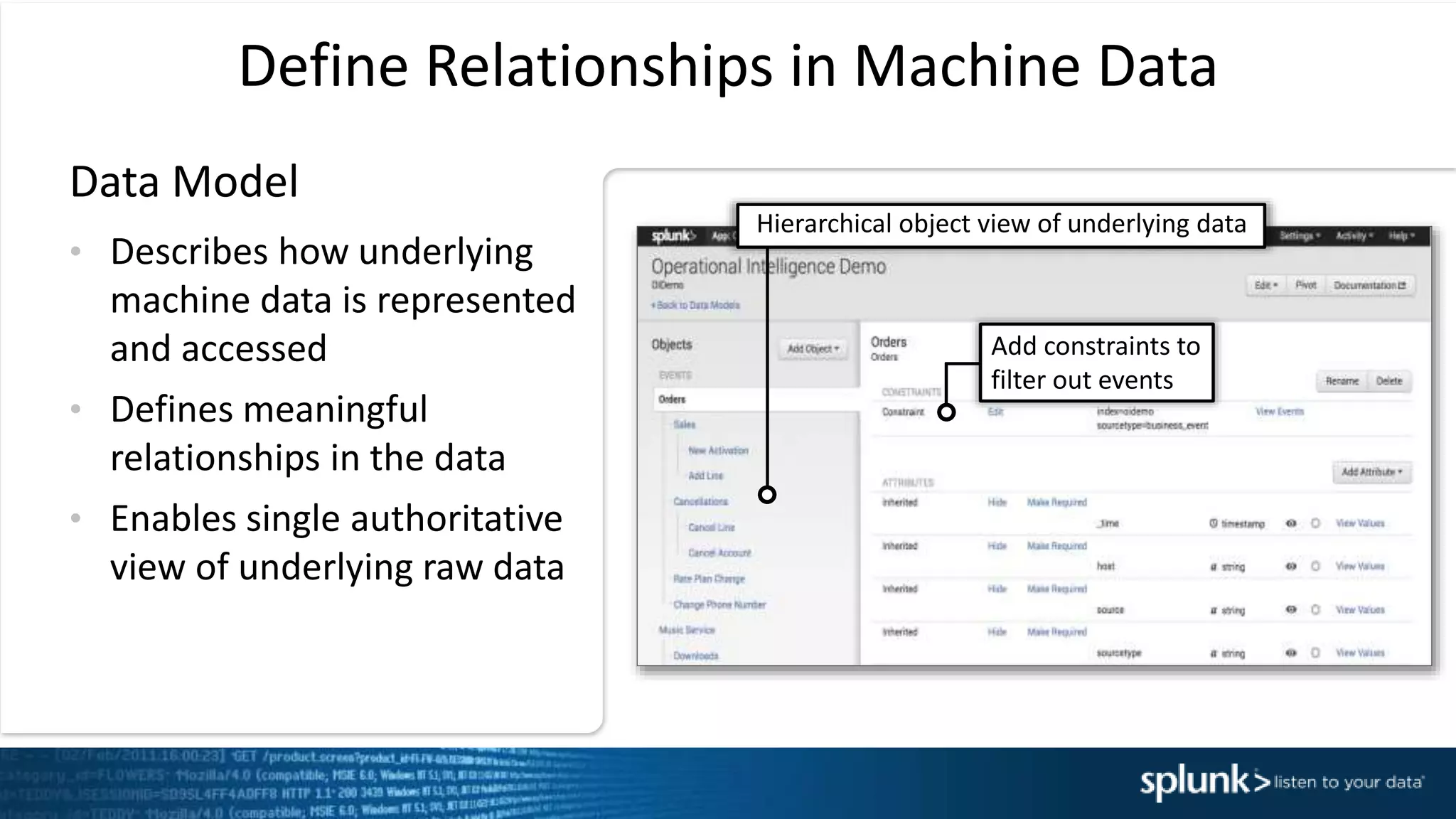 Define Relationships in Machine Data
Data Model
&bull; Describes how underlying
machine data is represented
and accessed
&bull; Defines meaningful
relationships in the data
&bull; Enables single authoritative
view of underlying raw data
Hierarchical object view of underlying data
Add constraints to
filter out events
 