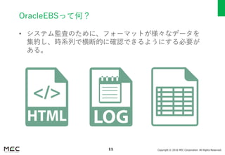 Copyright © 2016 MEC Corporation. All Rights Reserved.11
OracleEBSって何？
• システム監査のために、フォーマットが様々なデータを
集約し、時系列で横断的に確認できるようにする必要が
ある。
 