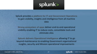 Copyright © 2011, Splunk Inc. Listen to your data.27
Splunk provides a platform for IT and Government Operations
to gain visibility, insights and intelligence from all machine
data
Strong ecosystem of apps deliver end-to-end operational
visibility enabling IT to reduce costs, consolidate tools and
eliminate silos
Splunk delivers Operational Intelligence allowing IT to go
beyond maintenance to enabling Government organizational
insights, security and Mission operational improvements
 