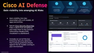 © 2025 SPLUNK INC.
● Gain visibility into risks
associated with LLM models, AI
apps and entities.
● Splunk Cisco Security Cloud App
Pulls in alerts from AI Defense
and maps them to the Common
Information Model (CIM),
visualized in a dashboard.
● Includes an out-of-the-box
Enterprise Security detection
that surfaces potential attacks
against the AI models running in
your environment.
Gain visibility into emerging AI Risks
 
