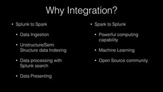 Why Integration?
• Splunk to Spark
• Data Ingestion
• Unstructure/Semi
Structure data Indexing
• Data processing with
Splunk search
• Data Presenting
• Spark to Splunk
• Powerful computing
capability
• Machine Learning
• Open Source community
 