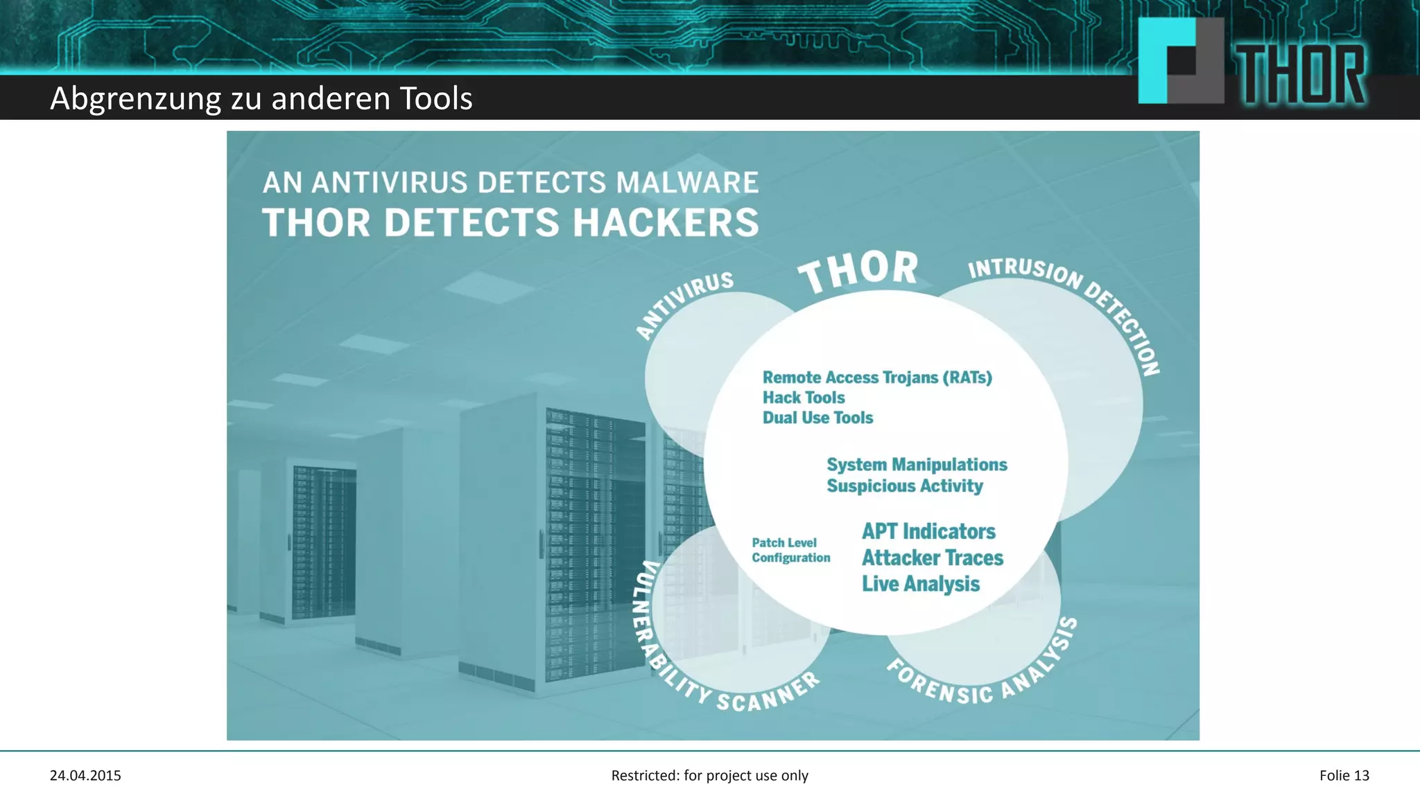 Abgrenzung zu anderen Tools
Folie 1324.04.2015 Restricted: for project use only
 