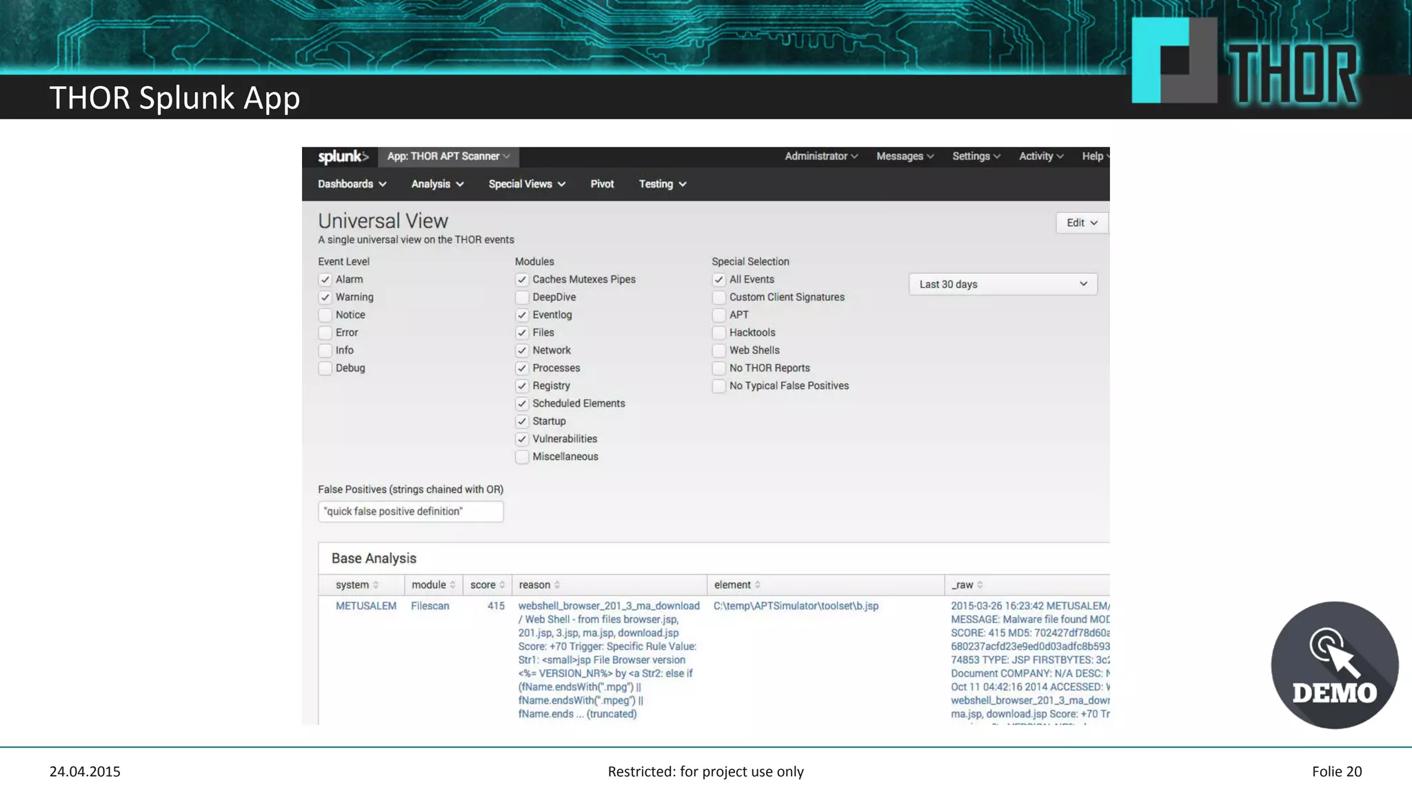THOR Splunk App
Folie 2024.04.2015 Restricted: for project use only
 