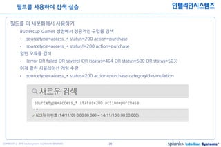 24COPYRIGHT ⓒ 2015 Intelliansystems ALL RIGHTS RESERVED.
인텔리안시스템즈
필드를 더 세분화해서 사용하기
Buttercup Games 상점에서 성공적인 구입을 검색
• sourcetype=access_* status=200 action=purchase
• sourcetype=access_* status!=200 action=purchase
일반 오류를 검색
• (error OR failed OR severe) OR (status=404 OR status=500 OR status=503)
어제 팔린 시뮬레이션 게임 수량
• sourcetype=access_* status=200 action=purchase categoryId=simulation
필드를 사용하여 검색 실습
 