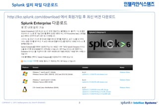 3COPYRIGHT ⓒ 2015 Intelliansystems ALL RIGHTS RESERVED.
인텔리안시스템즈
http://ko.splunk.com/download 에서 회원가입 후 최신 버전 다운로드
Splunk 설치 파일 다운로드
 
