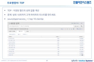 37COPYRIGHT ⓒ 2015 Intelliansystems ALL RIGHTS RESERVED.
인텔리안시스템즈
 TOP : 지정된 필드의 상위 값을 계산
 문제: 상위 10위까지 고객 아이피의 리스트를 만드세요.
 sourcetype=access_* | top 10 clientip
주요명령어: TOP
 