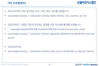 46COPYRIGHT ⓒ 2015 Intelliansystems ALL RIGHTS RESERVED.
인텔리안시스템즈
 IPLOCATION: IP와 일치하는 도시, 나라, 위도, 경도를 보여줍니다.
 sourcetype=access_* | iplocation clientip | table clientip, City, Country, lat, lon
 GEOSTATS : 지정된 기준과 일치하는 결과를 구글 지도상에 통계를 보여줍니다
 … | geostats latfield=위도좌표 longfield=경도좌표 function by groupby_name
 sourcetype=access_* | iplocation clientip | geostats latfield=lat longfield=lon count by
action
 OverlayChart
 sourcetype=access_* | iplocation clientip | stats count, dc(clientip) as dcip by Country
기타 주요명령어3
 