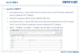 54COPYRIGHT ⓒ 2015 Intelliansystems ALL RIGHTS RESERVED.
인텔리안시스템즈
 sparkline 사용하기
 sourcetype=access_* status=200 action=purchase | chart count AS Total by categoryId |
rename categoryId AS "Category"
 구입 개수가 sparkline() 함수의 인수로 사용하여 트렌드 표시
 sourcetype=access_* status=200 action=purchase| chart sparkline(count) AS "Purchases
Trend" count AS Total by categoryId | rename categoryID AS "Category"
 제목이 ＂구입동향＂이고 설명이 ＂각 상품의 구입 개수 동향＂인 보고서를 저장
보고서 예제 4
 