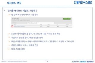 56COPYRIGHT ⓒ 2015 Intelliansystems ALL RIGHTS RESERVED.
인텔리안시스템즈
 검색을 대시보드 패널로 저장하기
 앱 탐색 메뉴에서 대시보드를 클릭
 i(정보) 아래 화살표를 클릭, 대시보드에 대한 자세한 정보 확인
 작업에서 편집을 클릭, 패널 편집을 선택
 패널 추가를 클릭 -> 콘텐츠 유형에 대해 "보고서"를 클릭 -> 저장된 보고서 선택
 콘텐츠 제목에 보고서 제목을 입력
 패널 추가를 클릭
대시보드 편집
 